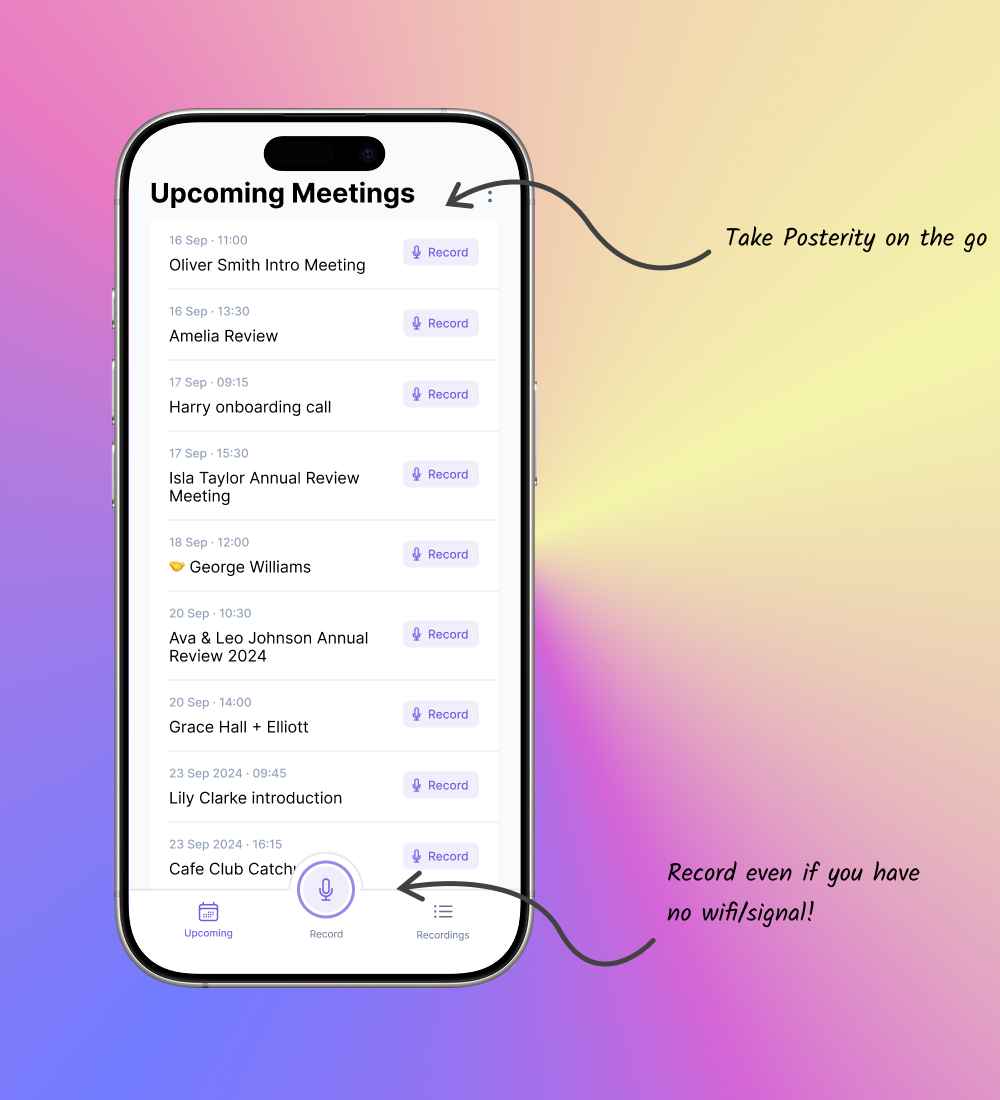Posterity mobile app showing upcoming meetings with recording capabilities and offline functionality